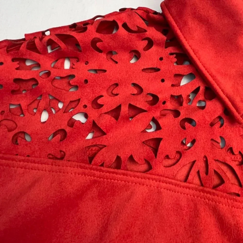 Attitudes by Renée Faux Suede Laser Cut Button Front Shirt Jacket Red Small